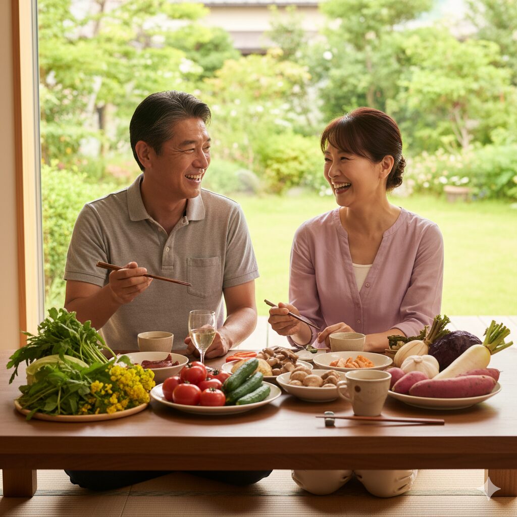 季節のリズムに乗る「ウェルネス戦略」 老夫婦が食卓で旬の野菜を食べる