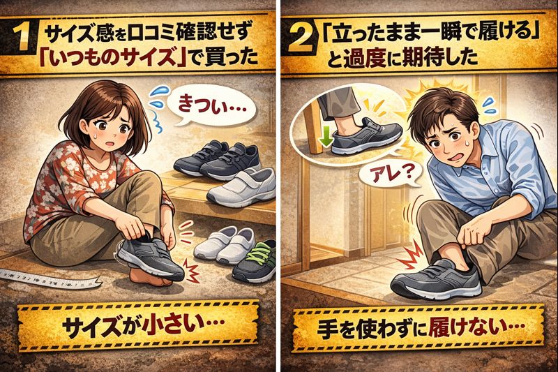 ①ハンズフリー靴　 サイズ感を口コミ確認せず「いつものサイズ」で買った② 「立ったまま一瞬で履ける」と過度に期待した