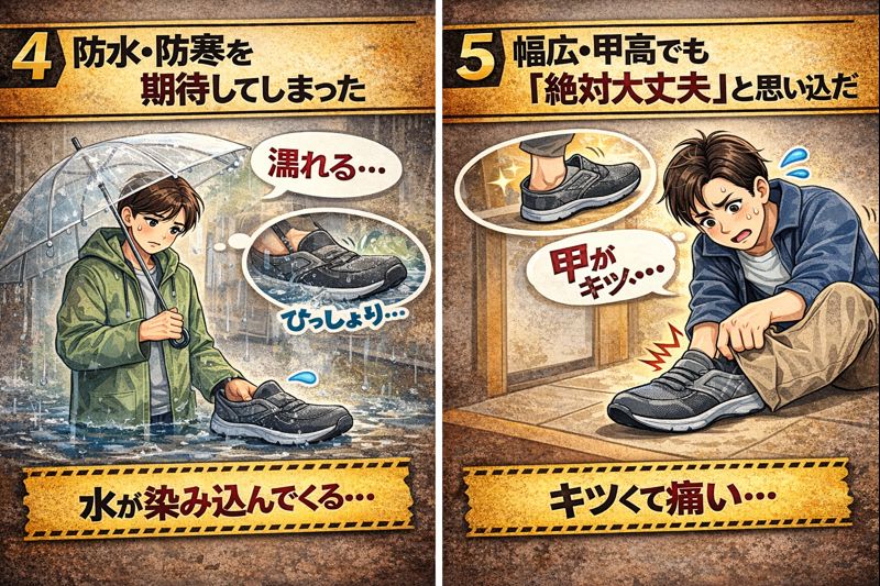 ハンズフリー靴
④ 防水・防寒を期待してしまった
⑤ 幅広・甲高でも「絶対大丈夫」と思い込んだ