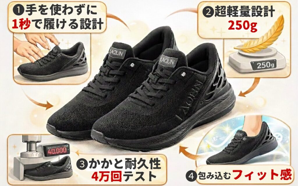 LAQUN (ラクーン)の４つの優れた特徴
①手を使わずに1秒で履ける設計
②超軽量設計　250g
③かかと耐久性4万回テスト
④包み込む様なフィット感