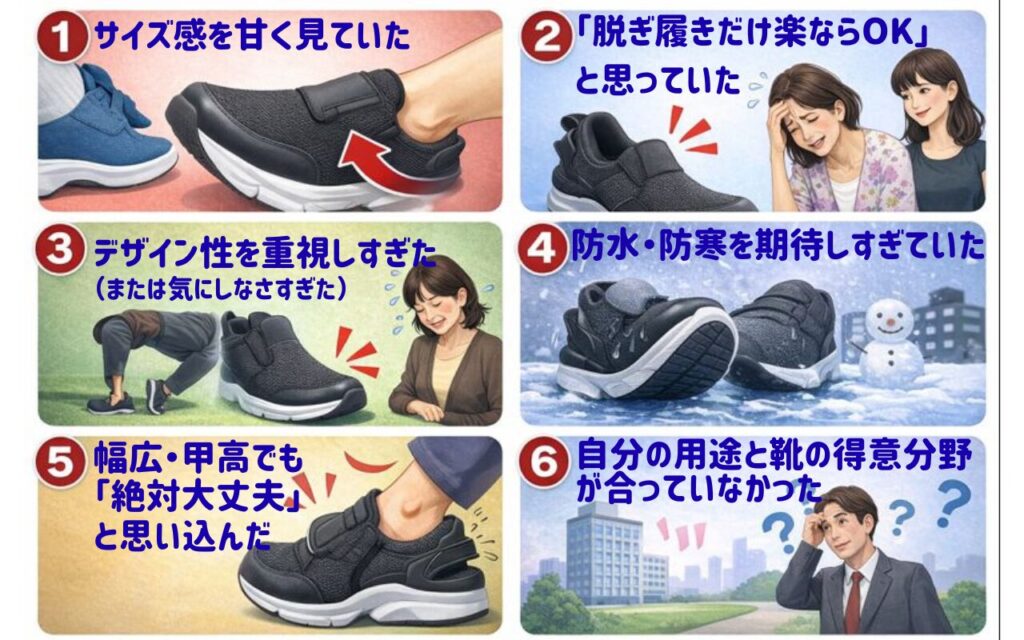 ハンズフリー靴で失敗した人の共通点7つ  ① サイズ感を甘く見ていた（最も多い失敗）
②「脱ぎ履きだけ楽ならOK」と思っていた
③ デザイン性を重視しすぎた（または気にしなさすぎた）
④ 防水・防寒を期待しすぎていた
⑤ 幅広・甲高でも「絶対大丈夫」と思い込んだ
⑥ 「脱ぐとき」まで考えていなかった
⑦ 自分の用途と靴の得意分野が合っていなかった