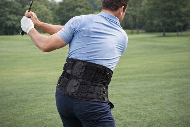 中年男性がメディテクト腰ベルトを装着しながら、ゴルフのスイングをしている画像