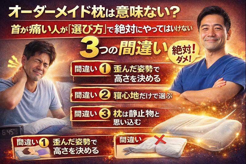 オーダーメイド枕は意味ない?首が痛い人が「選び方」で絶対にやってはいけない3つの間違い
①歪んだ姿勢で高さを決める
②寝心地だけで選ぶ
③枕は静止物と思い込む