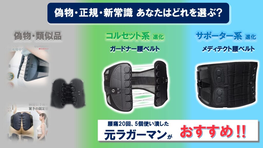 偽物・正規・新常識 あなたはどれを選ぶ?
偽物・類似品
コルセット系進化　ガードナーベルト
サポーター系進化　メディテクト腰ベルト
腰痛20回、5個使い潰した元ラガーマンがおすすめ