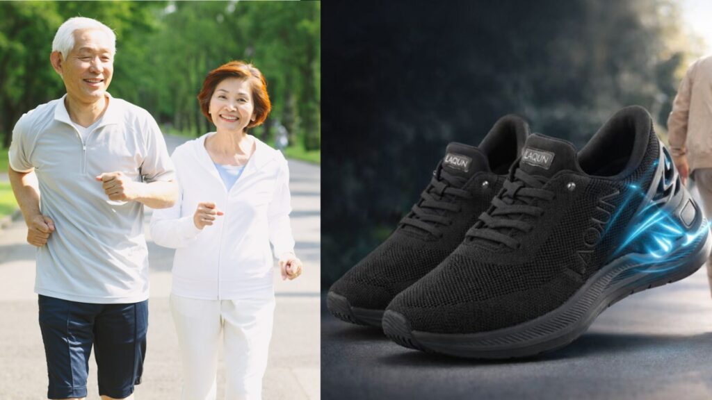 老夫婦　ウォーキング　散歩　ラクーン靴　写真　２枚