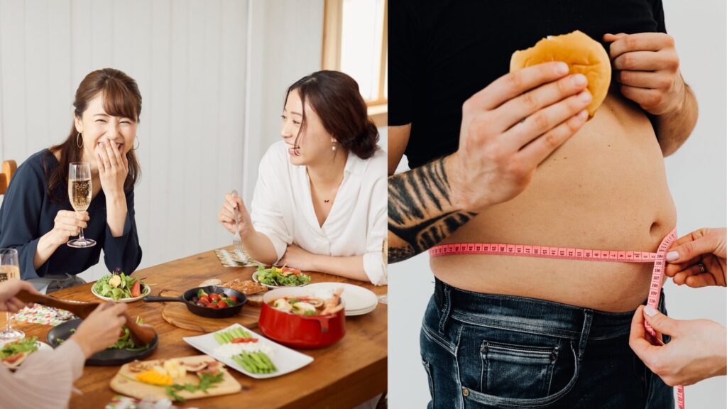 女性３名の食事風景　肥満男性のウエスト測定　２枚