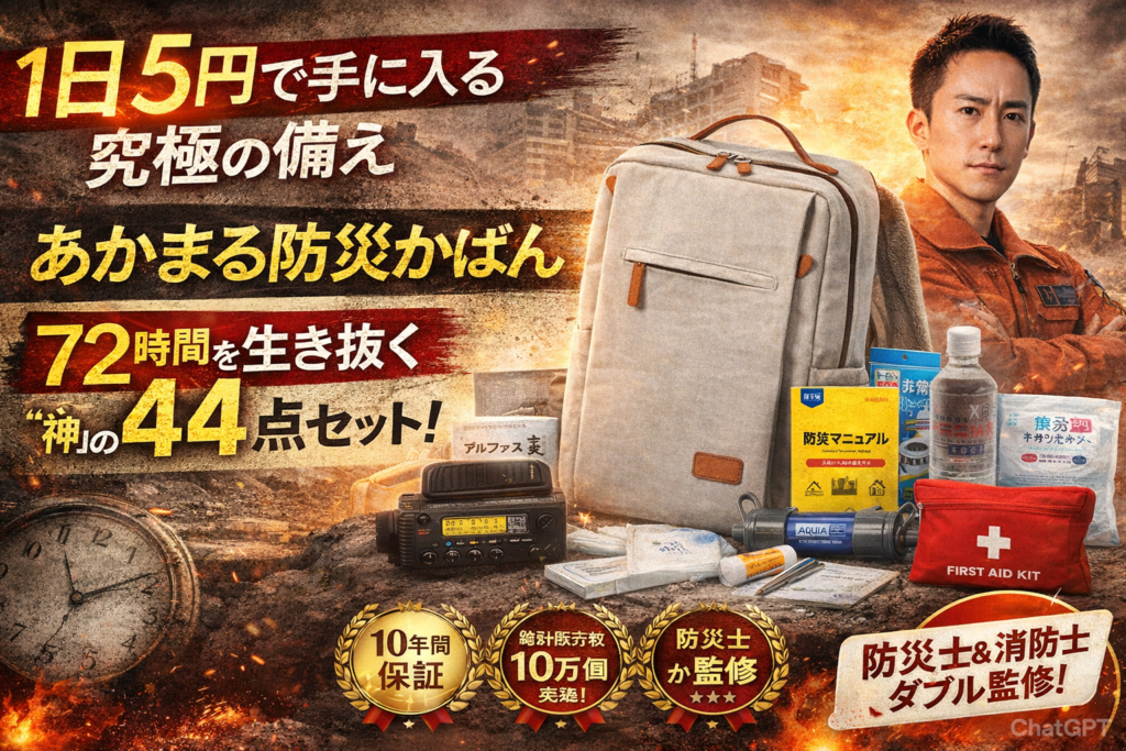【2026年最新】あかまる防災かばん 44点レビュー！10年交換保証が「1日5円」の理由
72時間を生き抜く
10万個突破！
防災士&消防士のダブル監修
