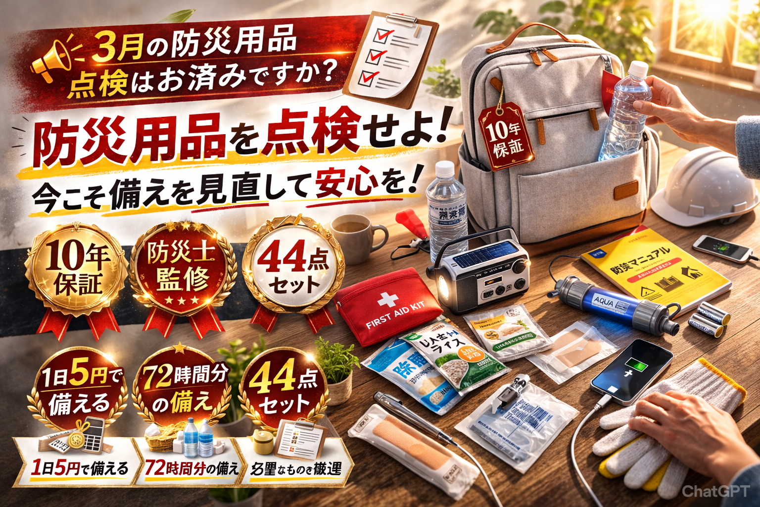 【3月点検】防災用品を点検せよ!あかまる防災への買い替えが「一生モノ」になる理由 10年交換保証 防災士監修 44点セット 72時間の備え