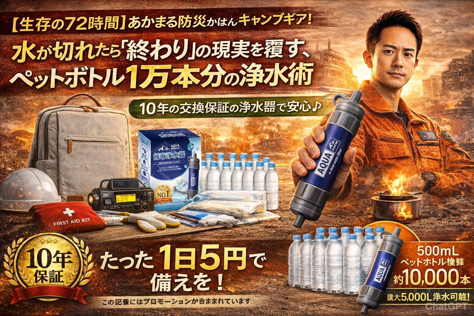 【生存の72時間】あかまる防災かばん × キャンプギア!水が切れたら「終わり」の現実を覆す、ペットボトル1万本分の浄水術 10年の交換保証の浄水器 たった1日五円で備えを!
