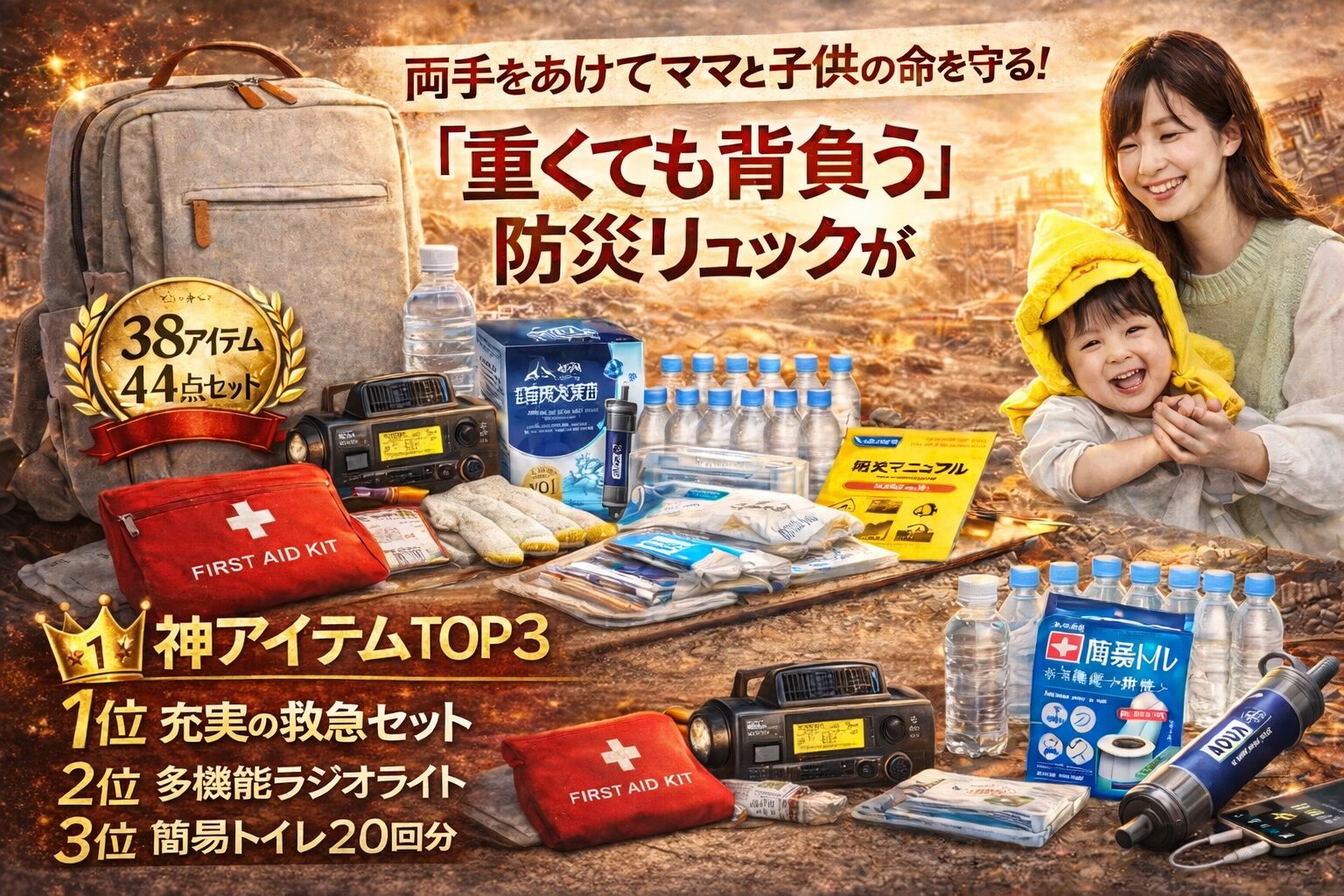 【避難の常識】あかまる防災かばんが「重くても背負う」ことにこだわる理由|ママが選ぶべきは「リュック」一択! 神アイテムTOP3 1位 充実の救急セット 2位 多機能ラジオライト 3位 簡易トイレ20回分