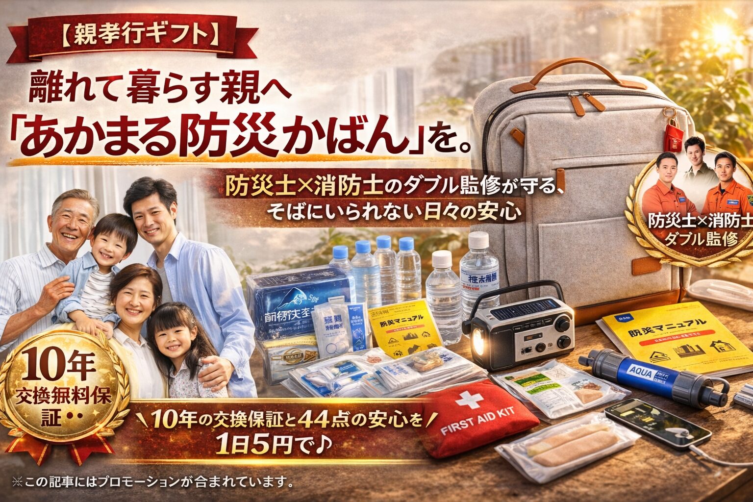【親孝行ギフト】離れて暮らす親へ「あかまる防災かばん」を。防災士×消防士のダブル監修が守る、そばにいられない日々の安心 10年交換無料保証 44点の安心を!1日五円で。