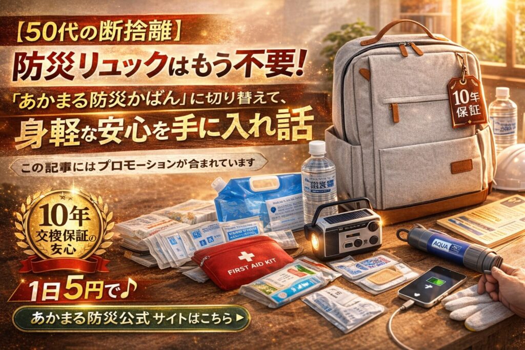 【50代の断捨離】防災リュックはもう不要。「あかまる防災かばん」に切り替えて、身軽な安心を手に入れた話