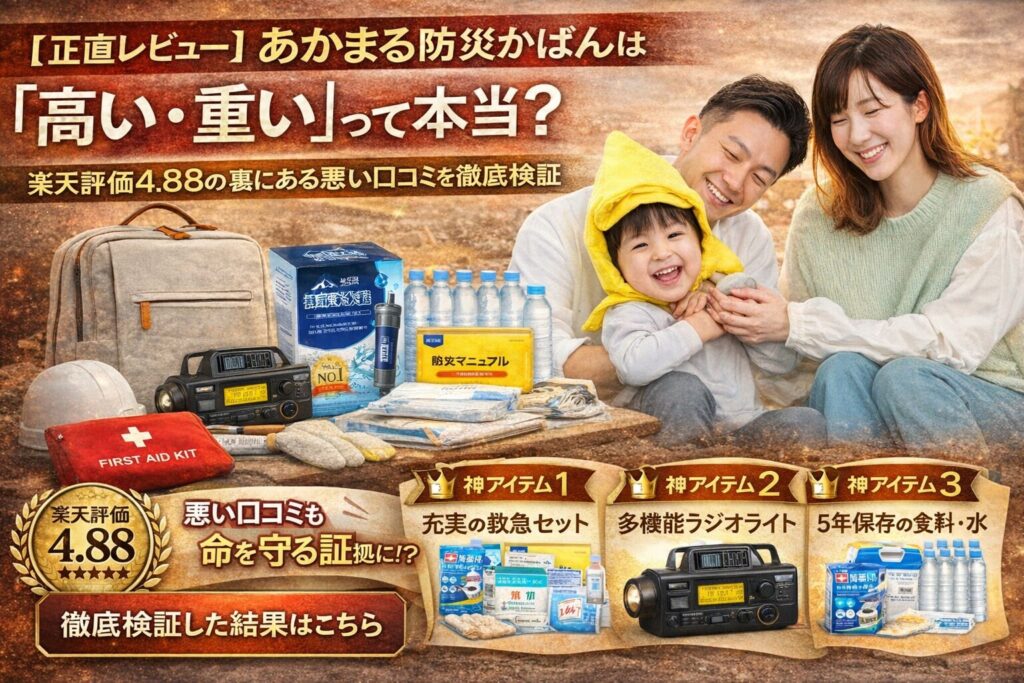 【正直レビュー】あかまる防災かばんは「高い・重い」って本当？楽天評価4.88の裏にある悪い口コミを徹底検証
神アイテム
救急セット
多機能ラジオライト
浄化水蒸器