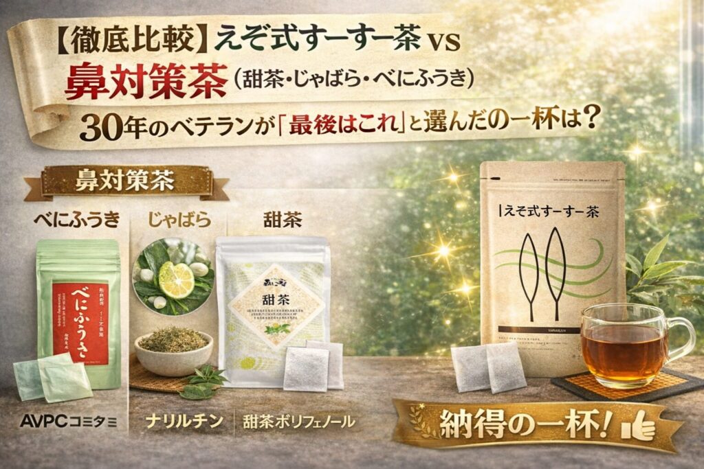 【徹底比較】えぞ式すーすー茶 vs 鼻対策茶（甜茶・じゃばら・べにふうき）。30年のベテランが「最後はこれ」と選んだ納得の一杯は？