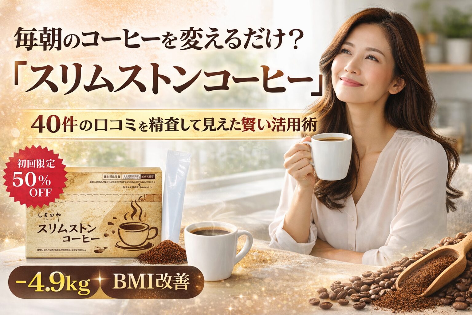 毎朝のコーヒーを変えるだけ?「スリムストンコーヒー」40件の口コミを精査して見えた賢い活用術 初回限定50%OFF −4.9kg BMI改善