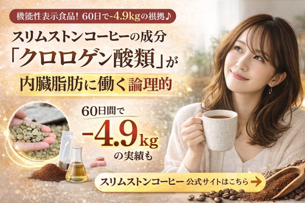 スリムストンコーヒーの成分「クロロゲン酸類」が内臓脂肪に働く論理的根拠
60日間で−４.９kg。