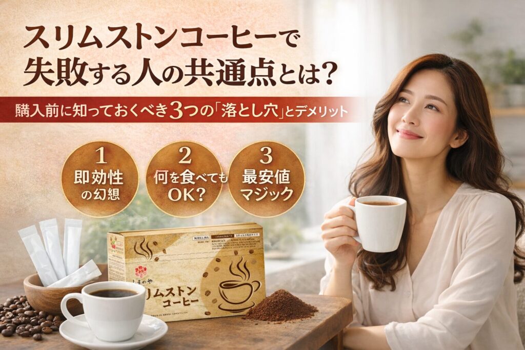 スリムストンコーヒーで失敗する人の共通点とは?購入前に知っておくべき3つの「落とし穴」とデメリット
1、即効性の幻想
2、何を食べてもOK
3、最安値マジック