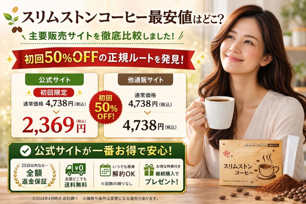 スリムストンコーヒー最安値はどこ？｜楽天・Amazonより安い「初回50%OFF」の正規ルートを発見！