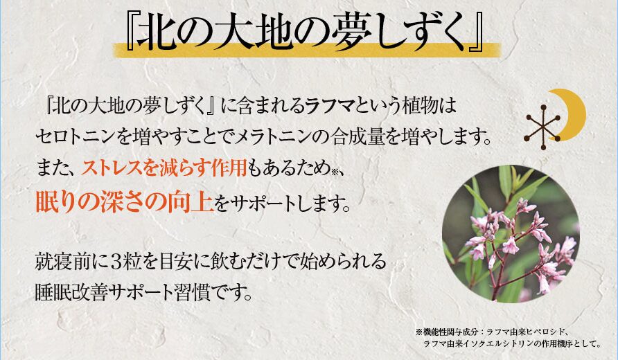 北の大地の夢しずく セロトニン・メラトニン変換 左脳を納得させる「なぜ効くのか」の物理的根拠です。 基本メカニズム： セロトニン（幸せホルモン）→ メラトニン（睡眠促進ホルモン）の変換をサポート。 主成分「ラフマ」： セロトニンを増やすことで、深く質の良い眠りに必須のメラトニンを増やす唯一の植物由来成分。 サポート成分： ミルクペプチド、ネムノキ、GABA、クワンソウを独自比率で配合。