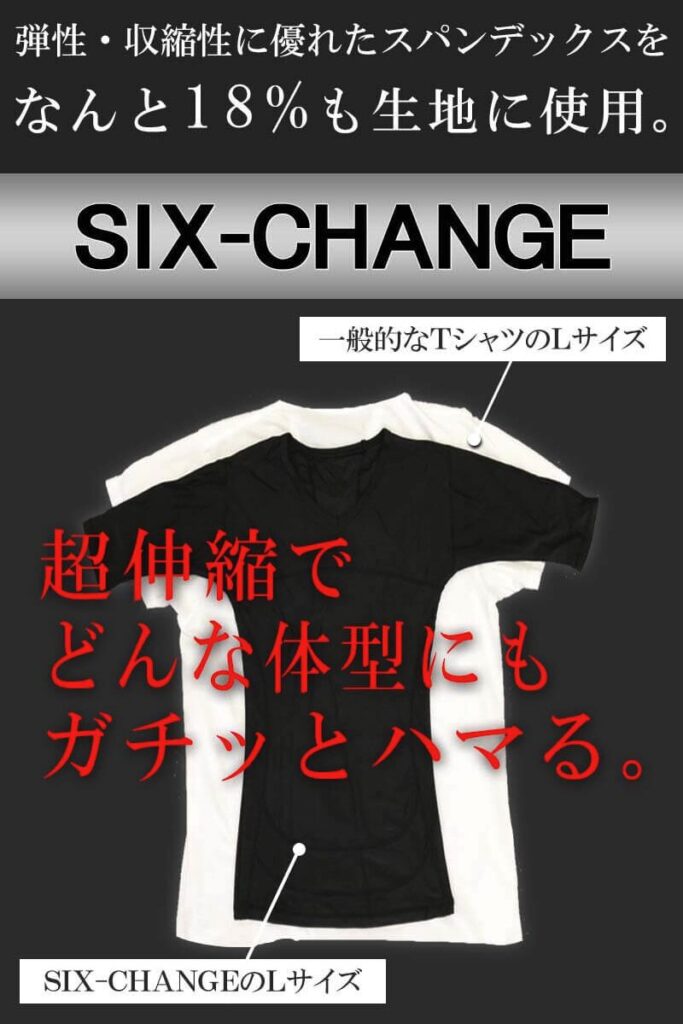 シックスチェンジ 弾性・収縮性に優れたスパンテックスをなんと18%も生地に使用。どんな体型にもガチッとハマる。 スパンテックス 超伸縮ポリウレタン弾性繊維