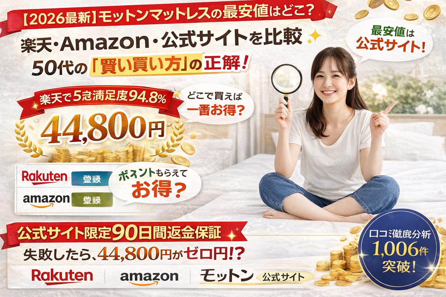 モットンマットレスで楽天・Amazon・公式サイトで最安値はどこ？公式サイトは90日間返金保証付き