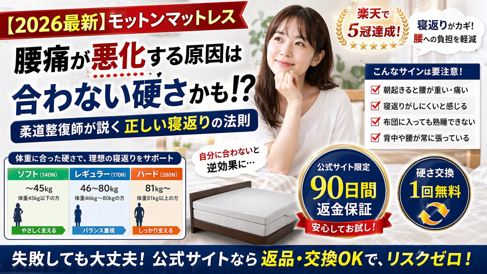 モットンマットレスで腰痛が悪化？返品・交換が必要な「合わない硬さ」のサインとは｜柔道整復師が説く正しい寝返りの法則