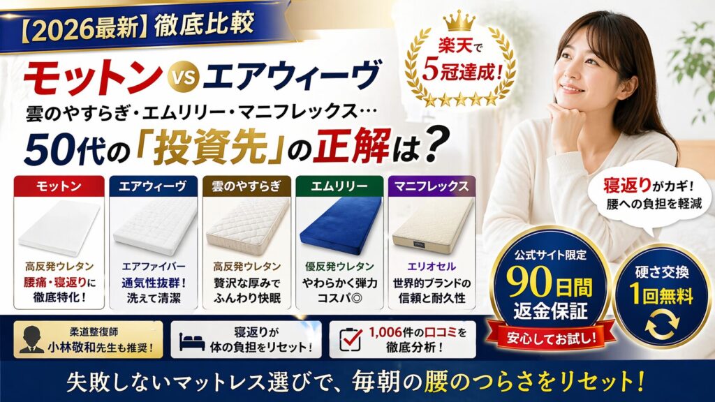 モットン vs エアウィーヴ比較！雲のやすらぎ・エムリリー・マニフレックス…50代の「投資先」の正解は？
楽天で５冠達成　90日間返金保証。