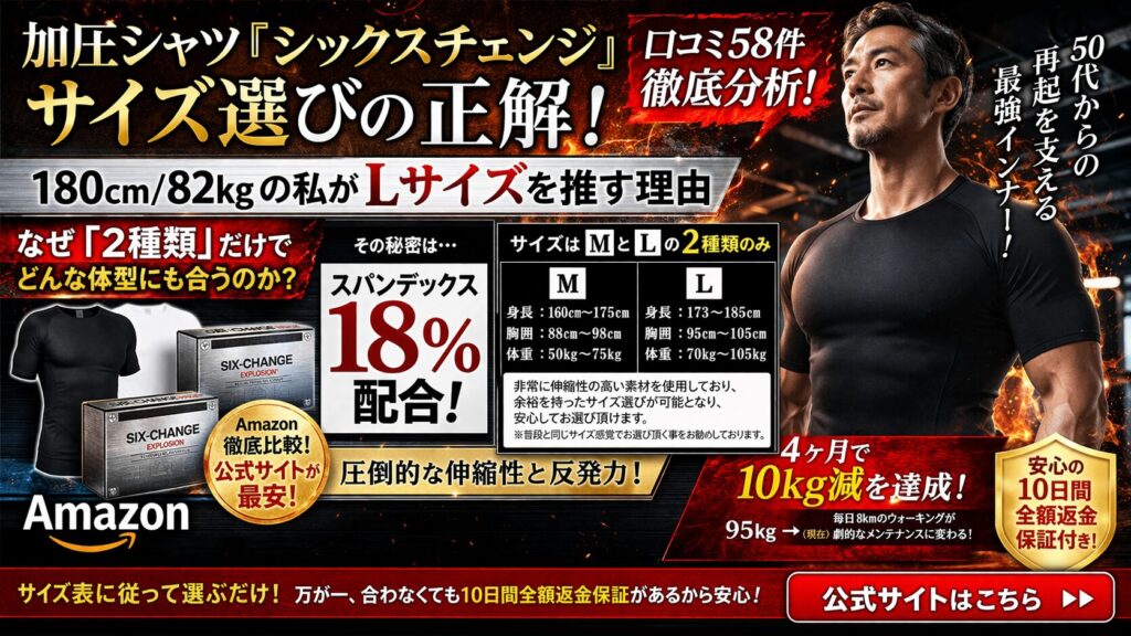 加圧シャツ『シックスチェンジ』サイズ選びの正解|180cm/82kgの私がLサイズを推す理由
スパンデックス18%配合。