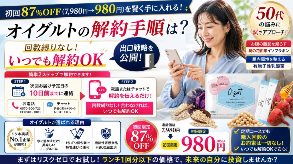 オイグルトの解約手順は？初回87%OFF(7,980円→980円)を賢く手に入れる『出口戦略』を公開