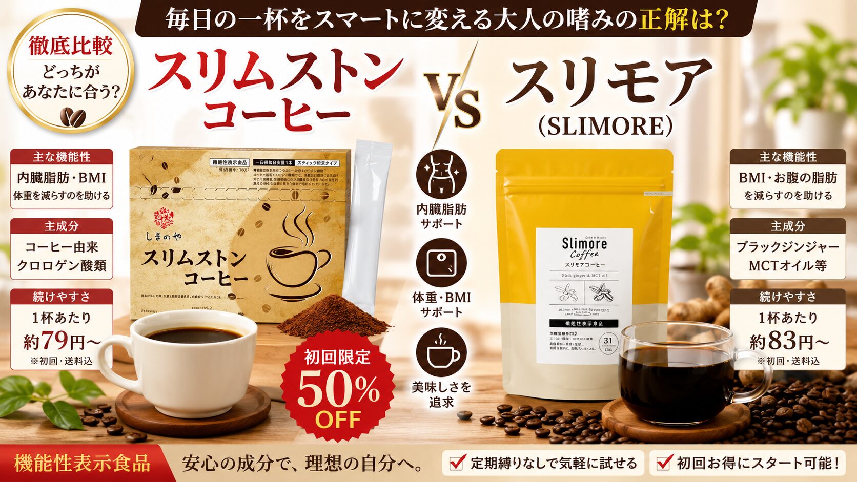 【徹底比較】スリムストンコーヒーとスリモア！毎日の一杯をスマートに変える大人の嗜みの正解は？