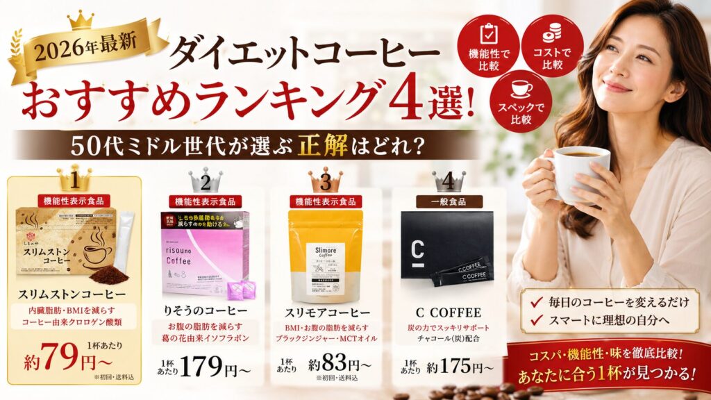 【2026年最新】ダイエットコーヒーおすすめランキング！50代ミドル世代が選ぶ4選をコストとスペックで徹底比較