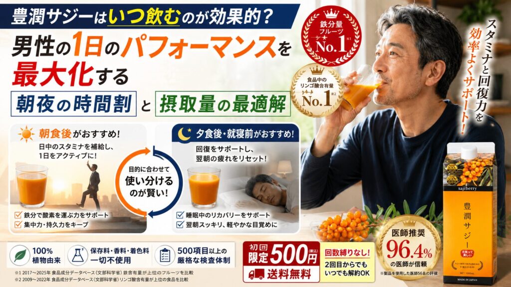 豊潤サジーはいつ飲むのが効果的？男性のスタミナを最大化する朝夜の飲み方