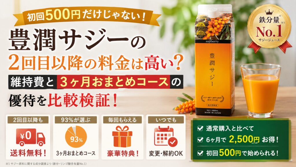 豊潤サジーの2回目以降の料金は高い?維持費と3ヶ月おまとめコースの優待を比較検証