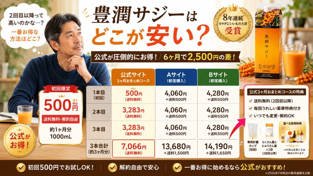 豊潤サジーはどこが安い?公式・Amazon・楽天の価格格差を検証