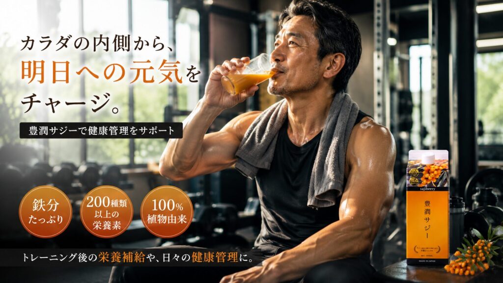 豊潤サジー 初老の男性筋トレ後に豊潤サジーを飲む