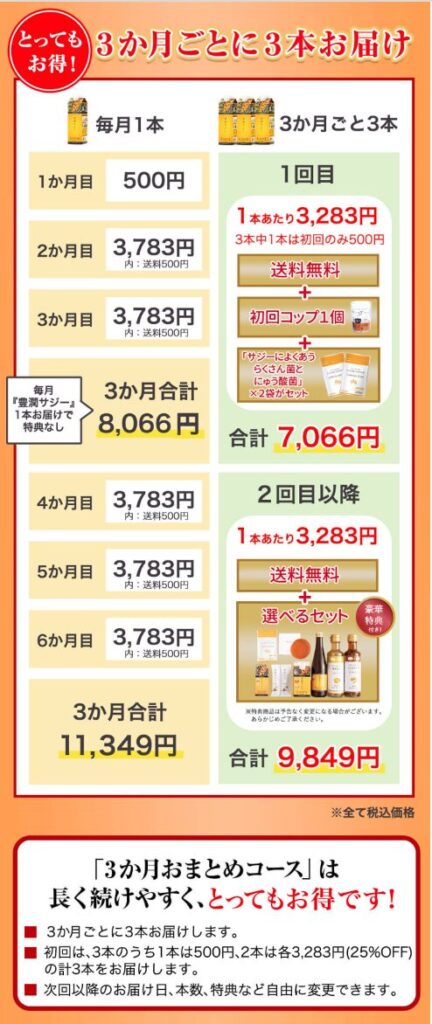 豊潤サジー
3ヶ月まとめ
料金表