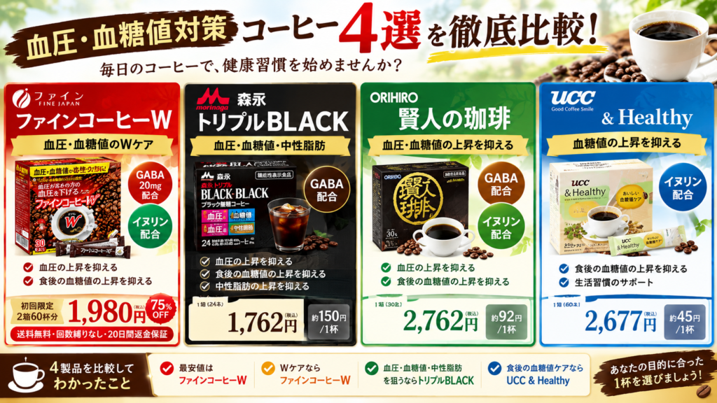 血圧・血糖値対策コーヒー４選を比較！ファインW・トリプルBLACK・賢人の珈琲・UCCの正解は？