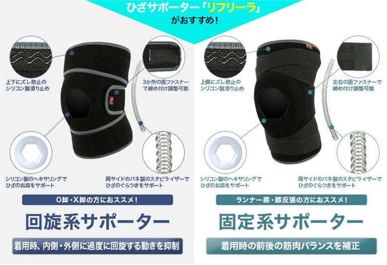 膝サポーター　リフリーラ 回旋系＋固定系サポーター２つ紹介